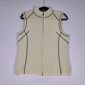 Eddie Bauer Full-Zip Knit Sweater Vest Womens Large Cream Wool Blend Mock Neck